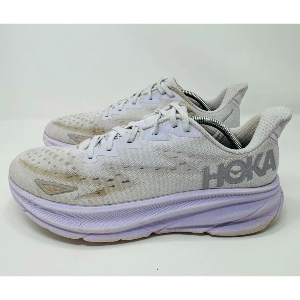 Hoka One One Clifton 9 Shoes Womens Size 12B White Purple 1127896 SGLW Comfort